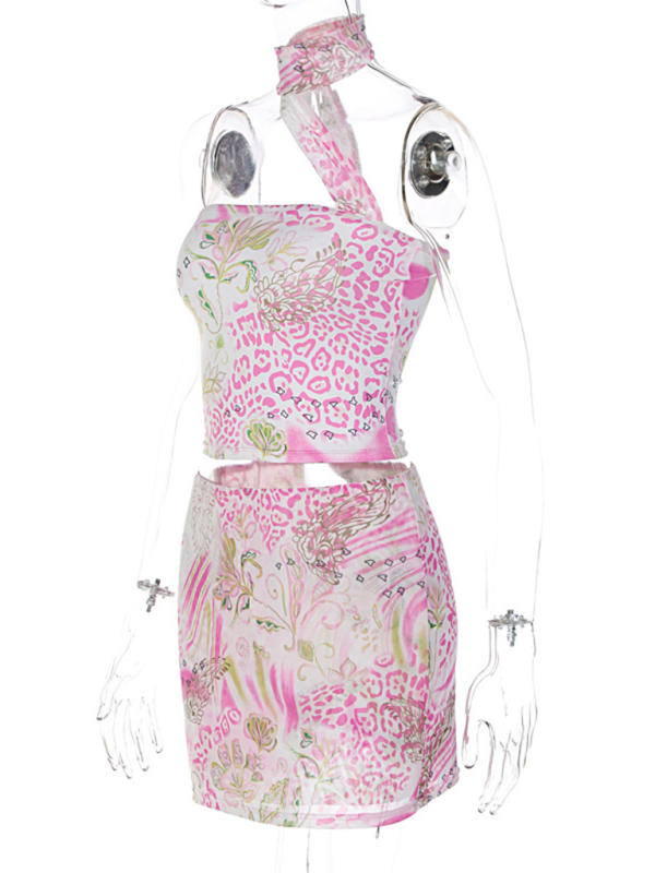 Levoire | Culture de rue Framboise Halterneck Gilet Court Hanche Imprimé Robe Ensemble