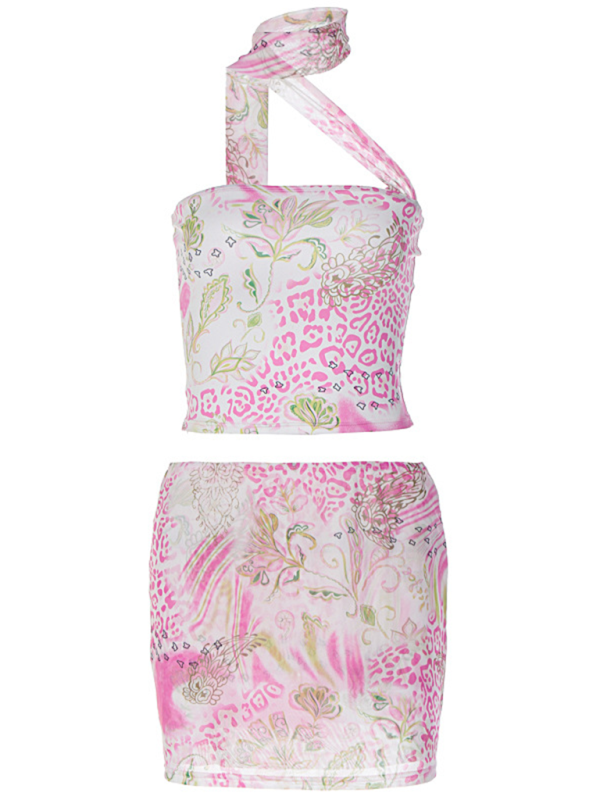 Levoire | Culture de rue Framboise Halterneck Gilet Court Hanche Imprimé Robe Ensemble