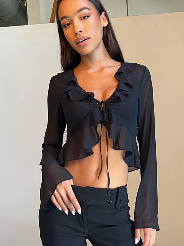 Levoire | Nouveau style à volants encolure en V profonde à manches longues blouse transparente Noir