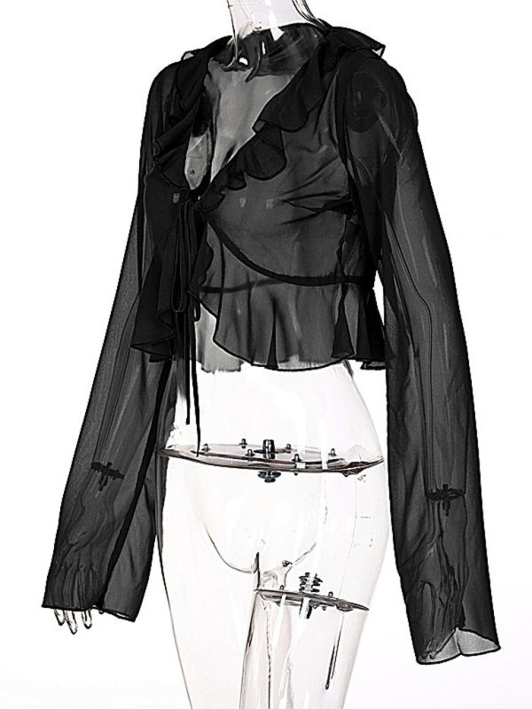 Levoire | Nouveau style à volants encolure en V profonde à manches longues blouse transparente