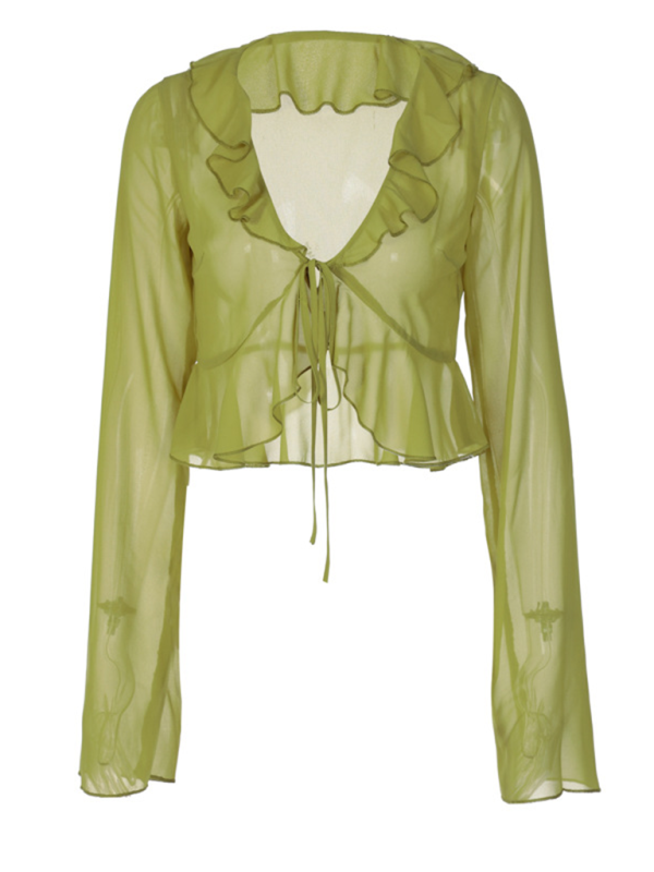 Levoire | Nouveau style à volants encolure en V profonde à manches longues blouse transparente