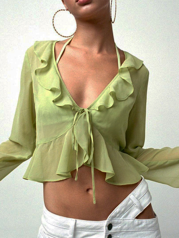 Levoire | Nouveau style à volants encolure en V profonde à manches longues blouse transparente Vert
