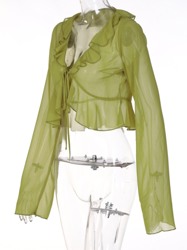 Levoire | Nouveau style à volants encolure en V profonde à manches longues blouse transparente