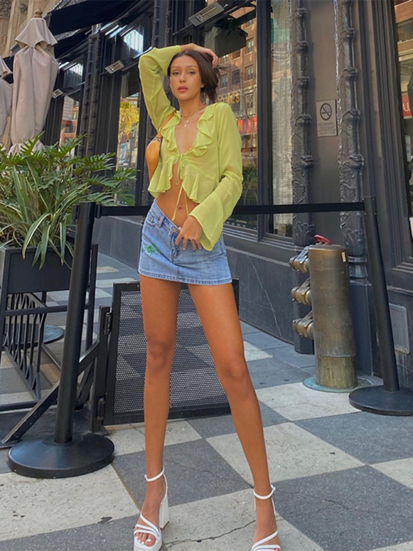 Levoire | Nouveau style à volants encolure en V profonde à manches longues blouse transparente