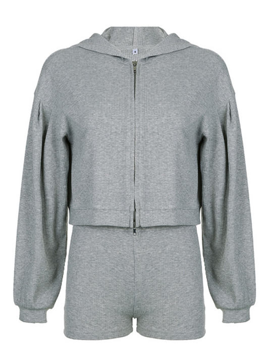 Levoire | Sweat à capuche zippé, t-shirt universitaire, top en V, shorts hauts, ensemble trois pièces