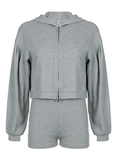 Levoire | Sweat à capuche zippé, t-shirt universitaire, top en V, shorts hauts, ensemble trois pièces