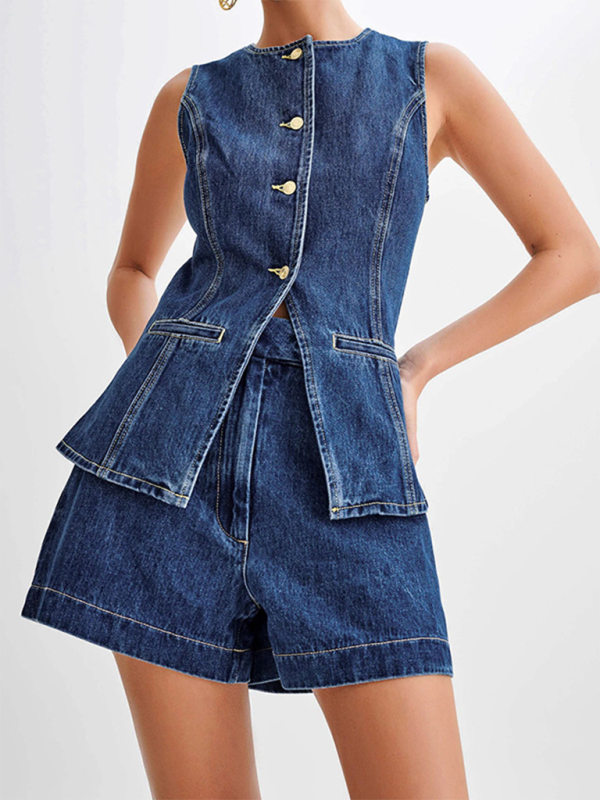 Levoire | Vêtements féminins Shorts en denim taille haute à jambes larges sans bretelles Bleu