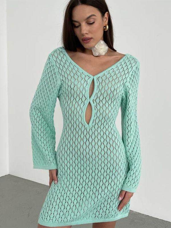 Levoire | Nouvelle robe de plage colorée sexy tricotée à trous bikini maillot de bain couvre-sol protection solaire Mintegrøn