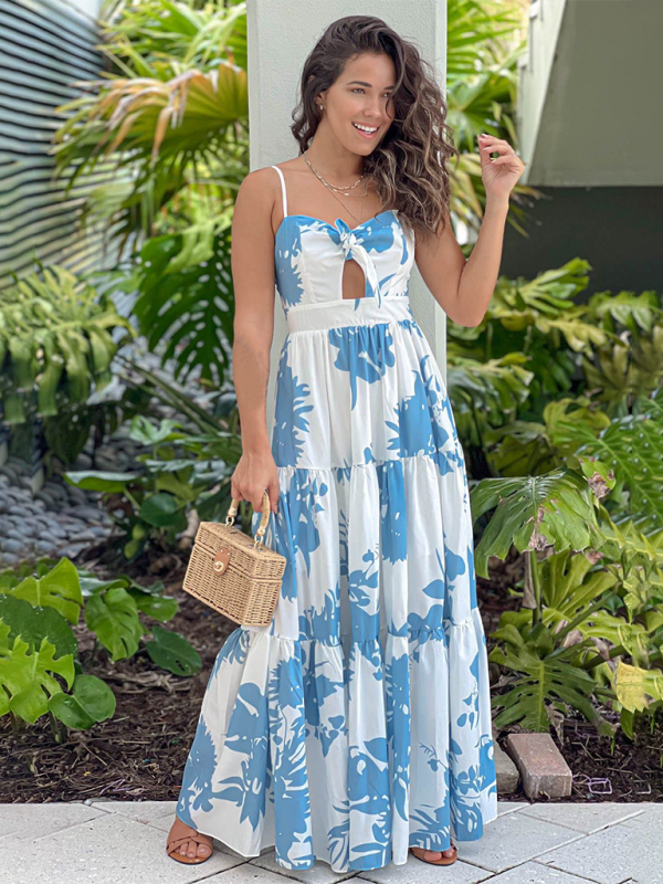 Levoire | Nouveau style imprimé bretelles vacances robe maxi trou robe à pointes