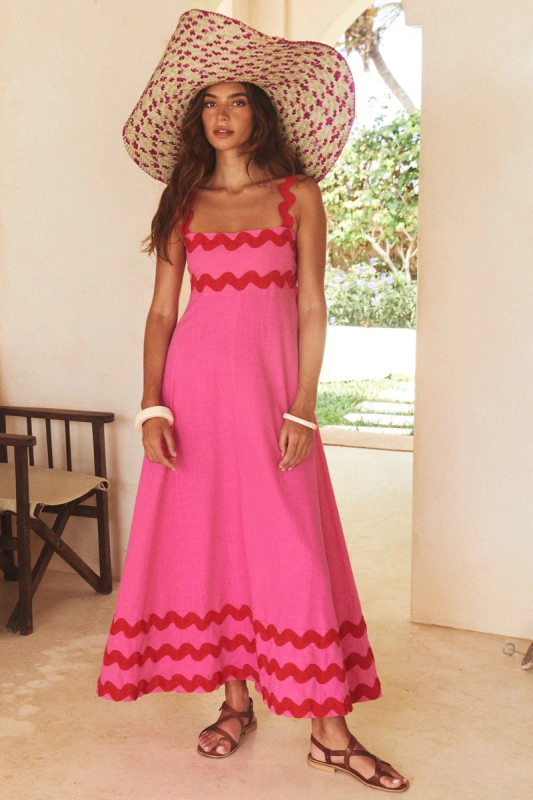 Levoire | Nouveau style petite fleur motif ondulé robe A-line Rosa