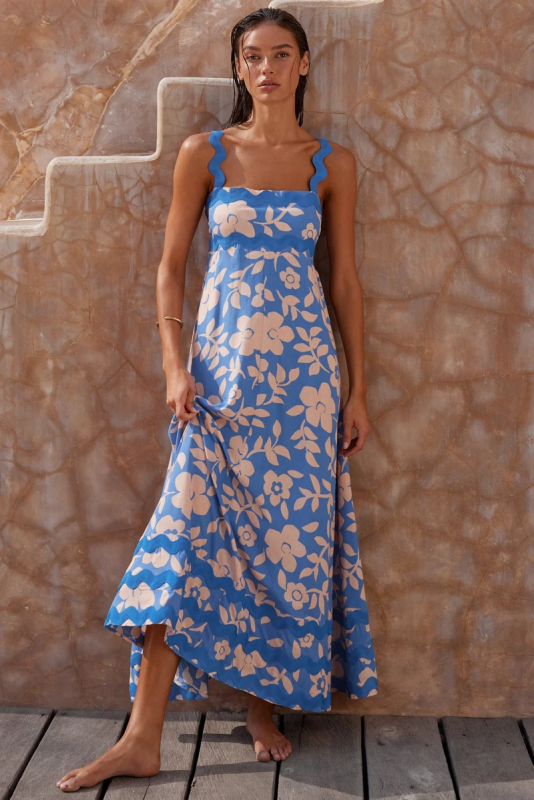 Levoire | Nouveau style petite fleur motif ondulé robe A-line Ciel bleu azur