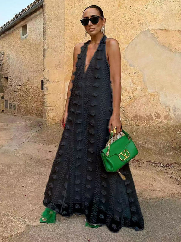 Levoire | Nouveau style de vacances Décolleté halter V en dentelle à fleurs tridimensionnelles robe évasée Noir