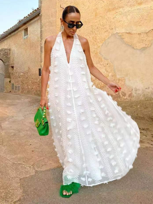 Levoire | Nouveau style de vacances Décolleté halter V en dentelle à fleurs tridimensionnelles robe évasée