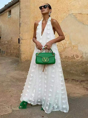 Levoire | Nouveau style de vacances Décolleté halter V en dentelle à fleurs tridimensionnelles robe évasée