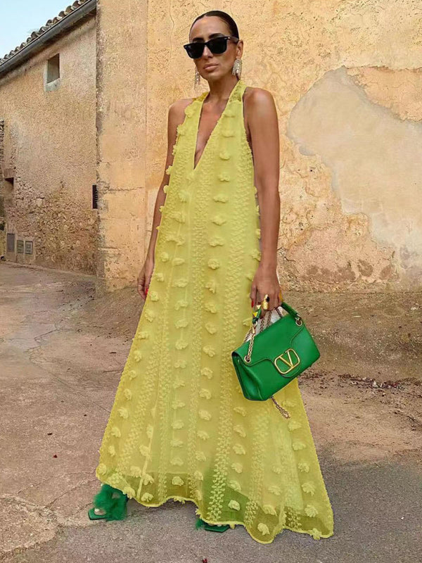 Levoire | Nouveau style de vacances Décolleté halter V en dentelle à fleurs tridimensionnelles robe évasée Jaune