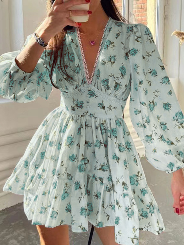 Levoire | Nouvelle Mignonne Imprimée V-Décolleté Longue Hauteur Robe Vert