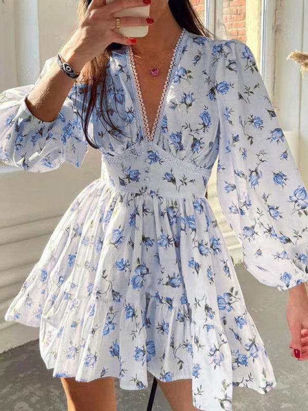 Levoire | Nouvelle Mignonne Imprimée V-Décolleté Longue Hauteur Robe Violetti