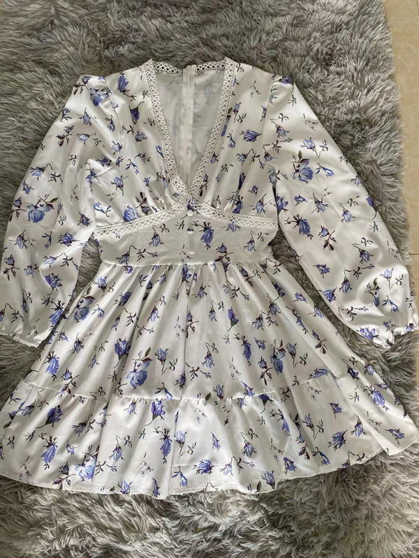 Levoire | Nouvelle Mignonne Imprimée V-Décolleté Longue Hauteur Robe