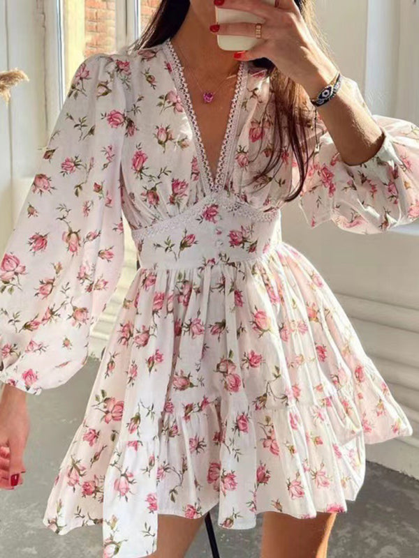 Levoire | Nouvelle Mignonne Imprimée V-Décolleté Longue Hauteur Robe