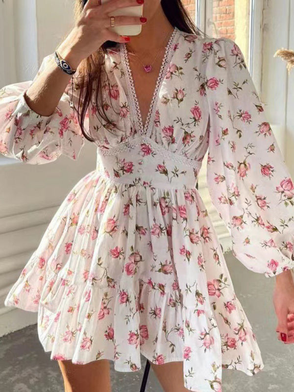 Levoire | Nouvelle Mignonne Imprimée V-Décolleté Longue Hauteur Robe Blanc