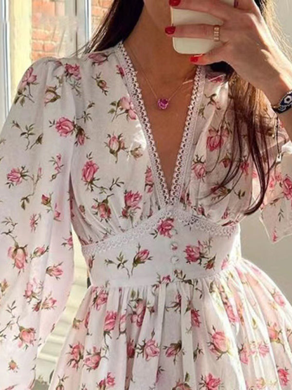 Levoire | Nouvelle Mignonne Imprimée V-Décolleté Longue Hauteur Robe
