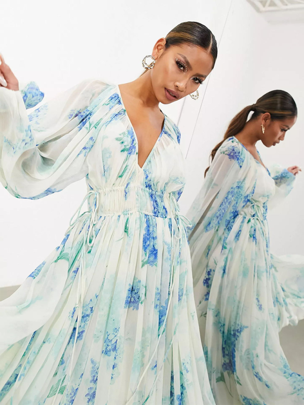 Levoire | Femme V-neck transparent denim sans manches imprimé en chiffon robe longue