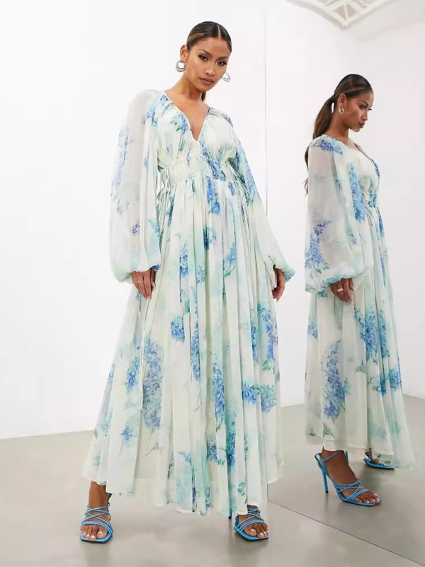 Levoire | Femme V-neck transparent denim sans manches imprimé en chiffon robe longue Sininen