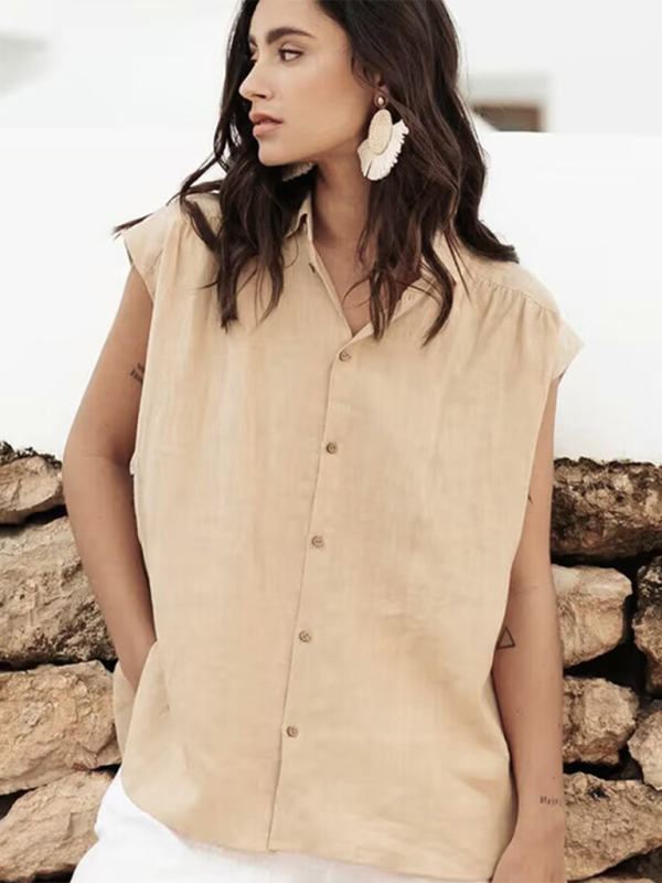 Levoire | Chemise simple décontractée sans manches en mélange de coton et de lin nouveau unicolore Khaki
