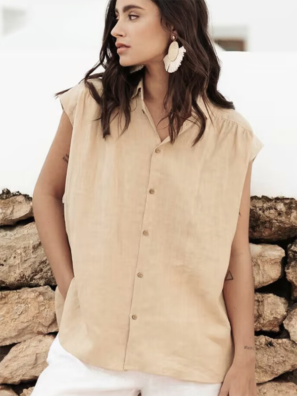 Levoire | Chemise simple décontractée sans manches en mélange de coton et de lin nouveau unicolore