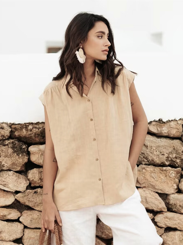 Levoire | Chemise simple décontractée sans manches en mélange de coton et de lin nouveau unicolore
