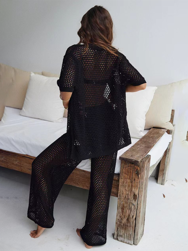 Levoire | Ensemble de pantalon en tissu à boutons en filet confortable et sexy muodikas et shirt à manches courtes