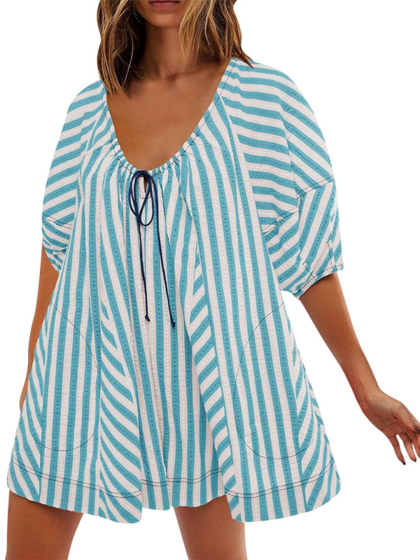 Levoire | Combinaison à manches courtes rayée, pour une silhouette élancée et décontractée, combinaison courte à col en V profond et large Kirkas bleu