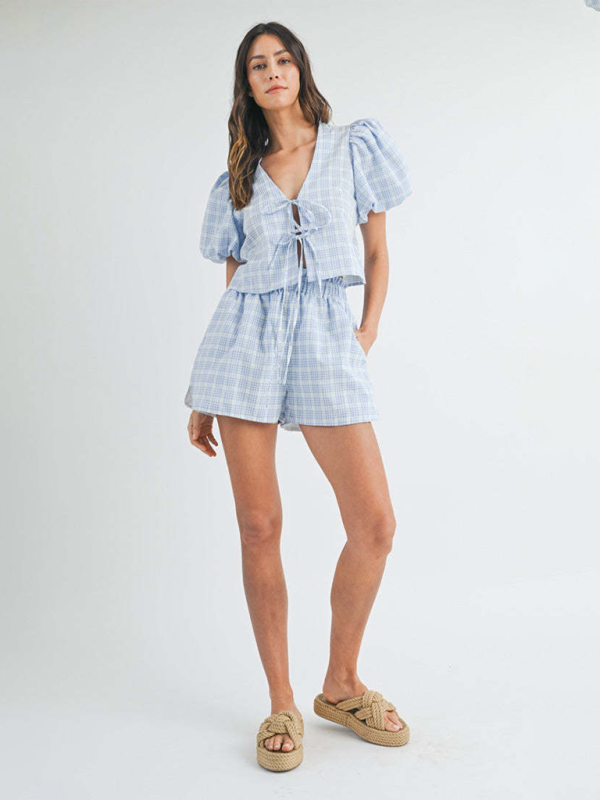 Levoire | V-cou slips manches bouffantes haut shorts décontractés ensemble à carreaux