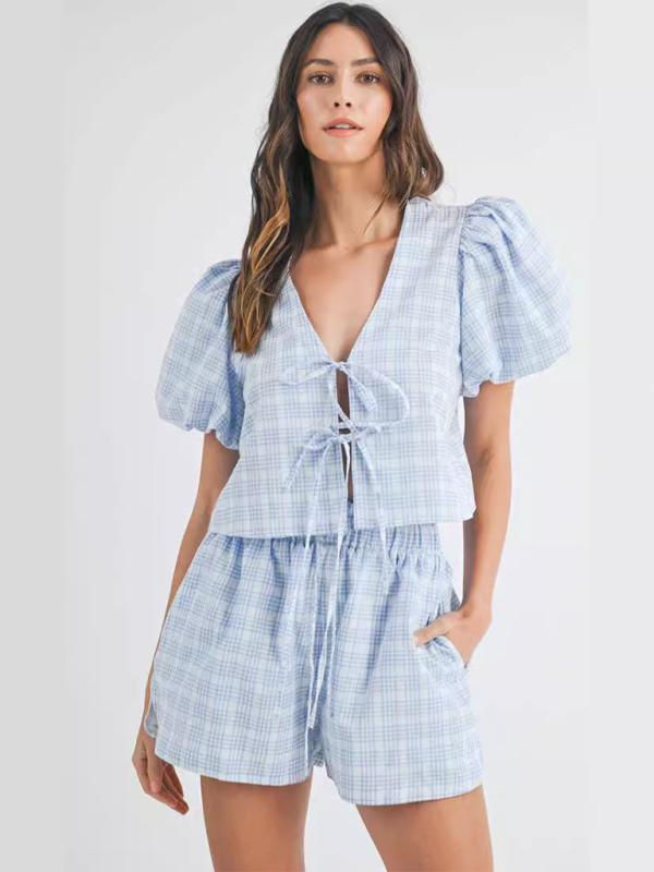 Levoire | V-cou slips manches bouffantes haut shorts décontractés ensemble à carreaux Bleu