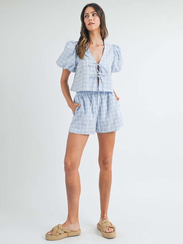 Levoire | V-cou slips manches bouffantes haut shorts décontractés ensemble à carreaux