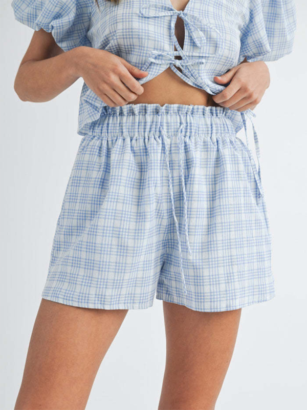 Levoire | V-cou slips manches bouffantes haut shorts décontractés ensemble à carreaux