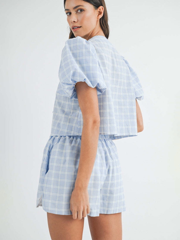 Levoire | V-cou slips manches bouffantes haut shorts décontractés ensemble à carreaux