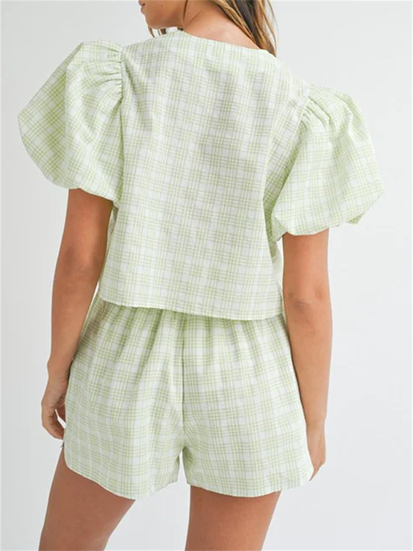 Levoire | V-cou slips manches bouffantes haut shorts décontractés ensemble à carreaux