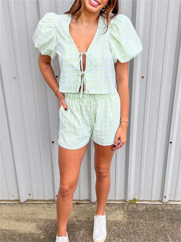 Levoire | V-cou slips manches bouffantes haut shorts décontractés ensemble à carreaux Vert