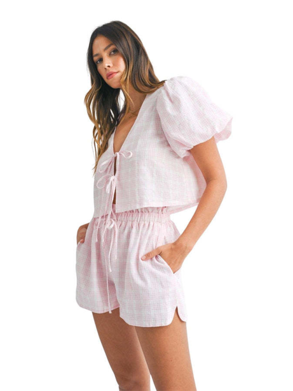Levoire | V-cou slips manches bouffantes haut shorts décontractés ensemble à carreaux Rosa
