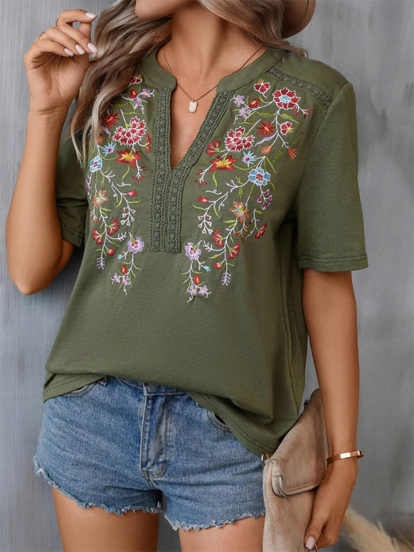 Levoire | Nouvelle mode féminine top en dentelle brodé Vert olive