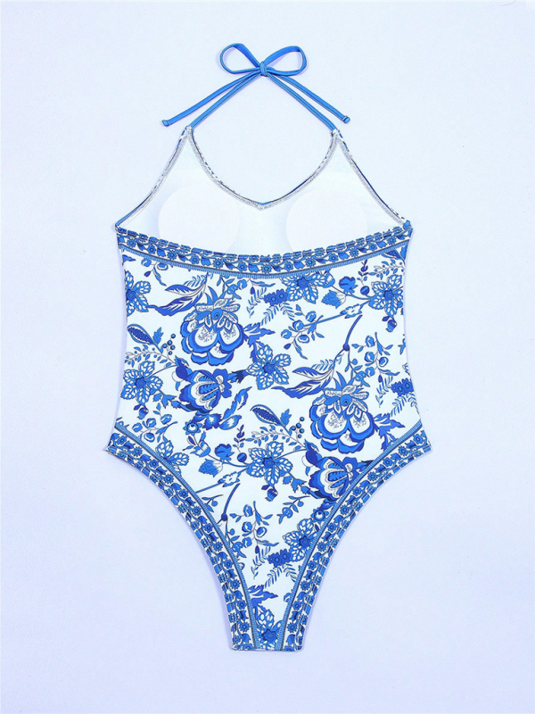Levoire | Nouveau combinaison femme bleu blanc motif porcelaine coupe slim maillot de bain