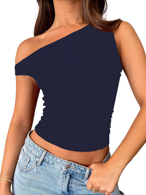 Levoire | Nouveau style Couleurs polyvalentes Uni Sans-épaule Gilet Lila-sininen bleu foncé