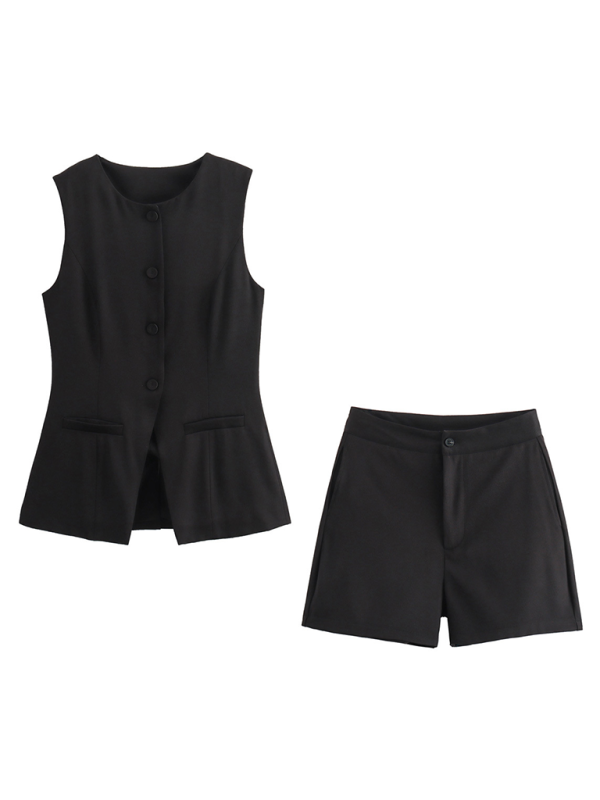 Levoire | Femme décontractée nouveau gilet étroit à col V à un bouton + short ensemble mode Must