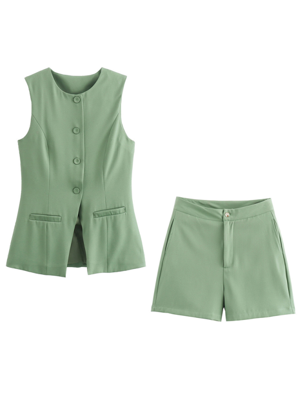 Levoire | Femme décontractée nouveau gilet étroit à col V à un bouton + short ensemble mode Vert