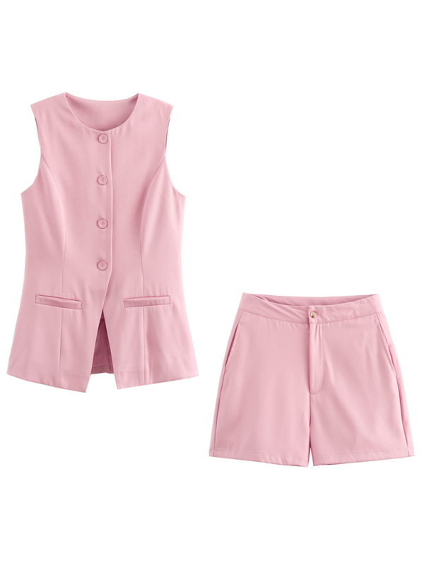 Levoire | Femme décontractée nouveau gilet étroit à col V à un bouton + short ensemble mode Rosa