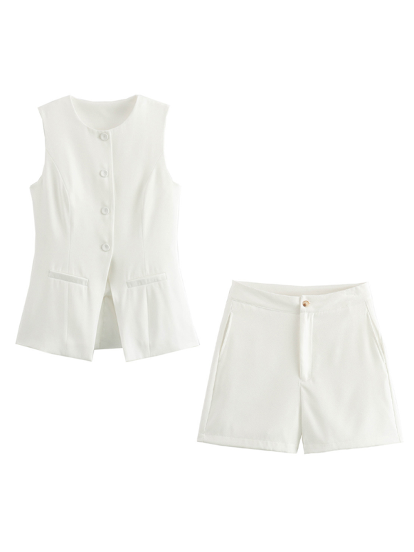 Levoire | Femme décontractée nouveau gilet étroit à col V à un bouton + short ensemble mode Blanc