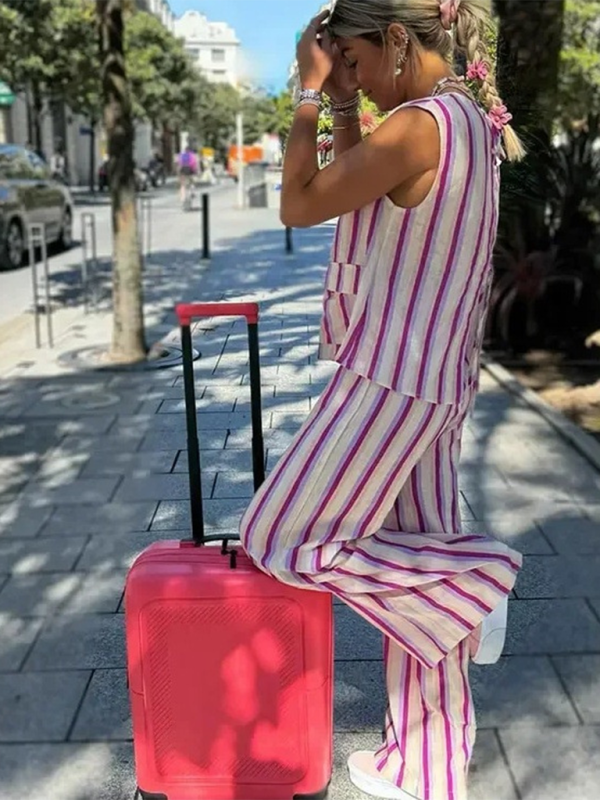 Levoire | Nouvel ensemble top à bretelles spaghetti et pantalon rayé imprimé pour femmes