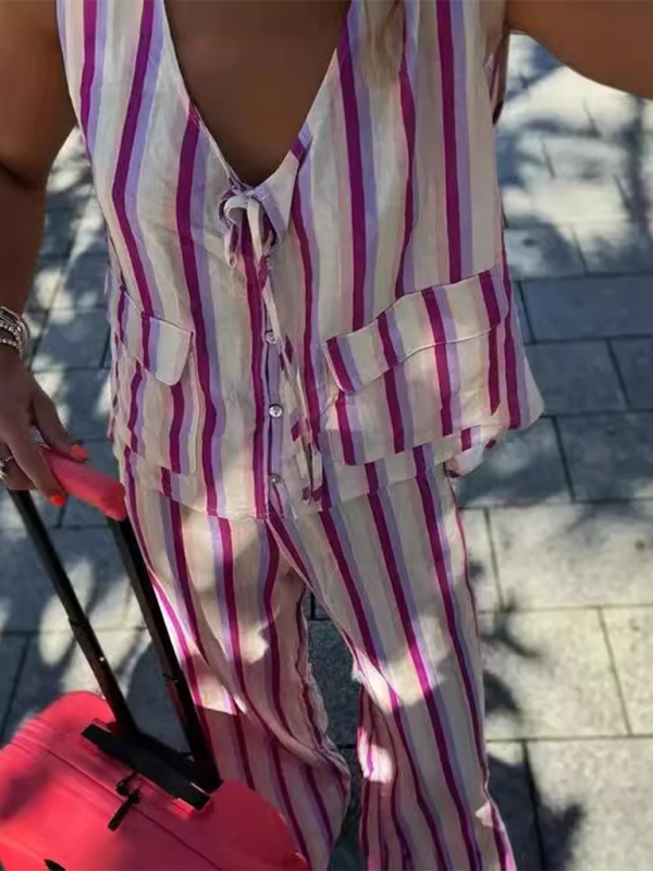 Levoire | Nouvel ensemble top à bretelles spaghetti et pantalon rayé imprimé pour femmes Purppura