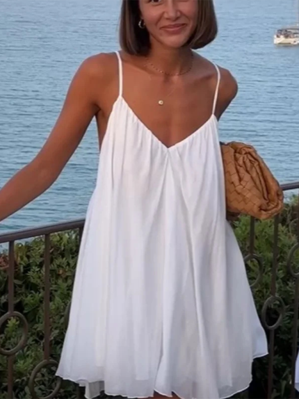 Levoire | Nouvelle robe sexy à décolleté en V sans manches avec une bordure plissée et un dos ouvert Blanc
